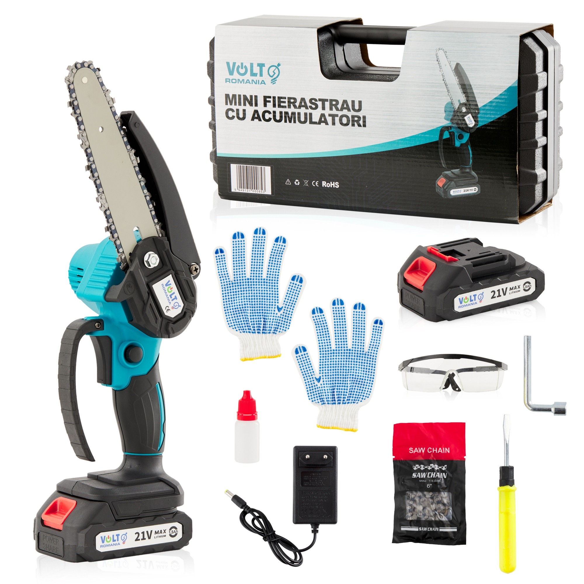 Mini drujba cu 2 acumulatori Li-Ion 21V, Manusi si Ochelari de rezerva, Lant de rezerva - imagine 6